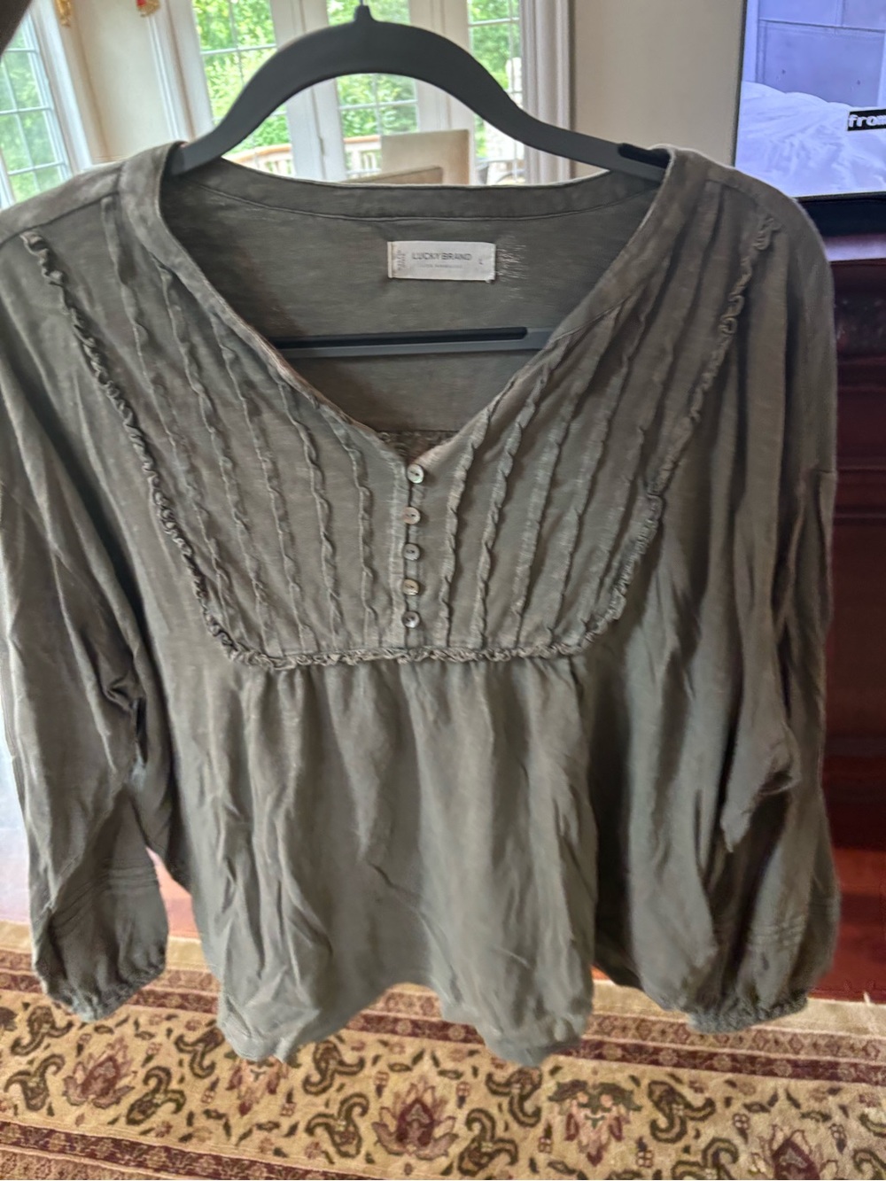 Lucky Brand Olive Green Pintuck Peasant Top